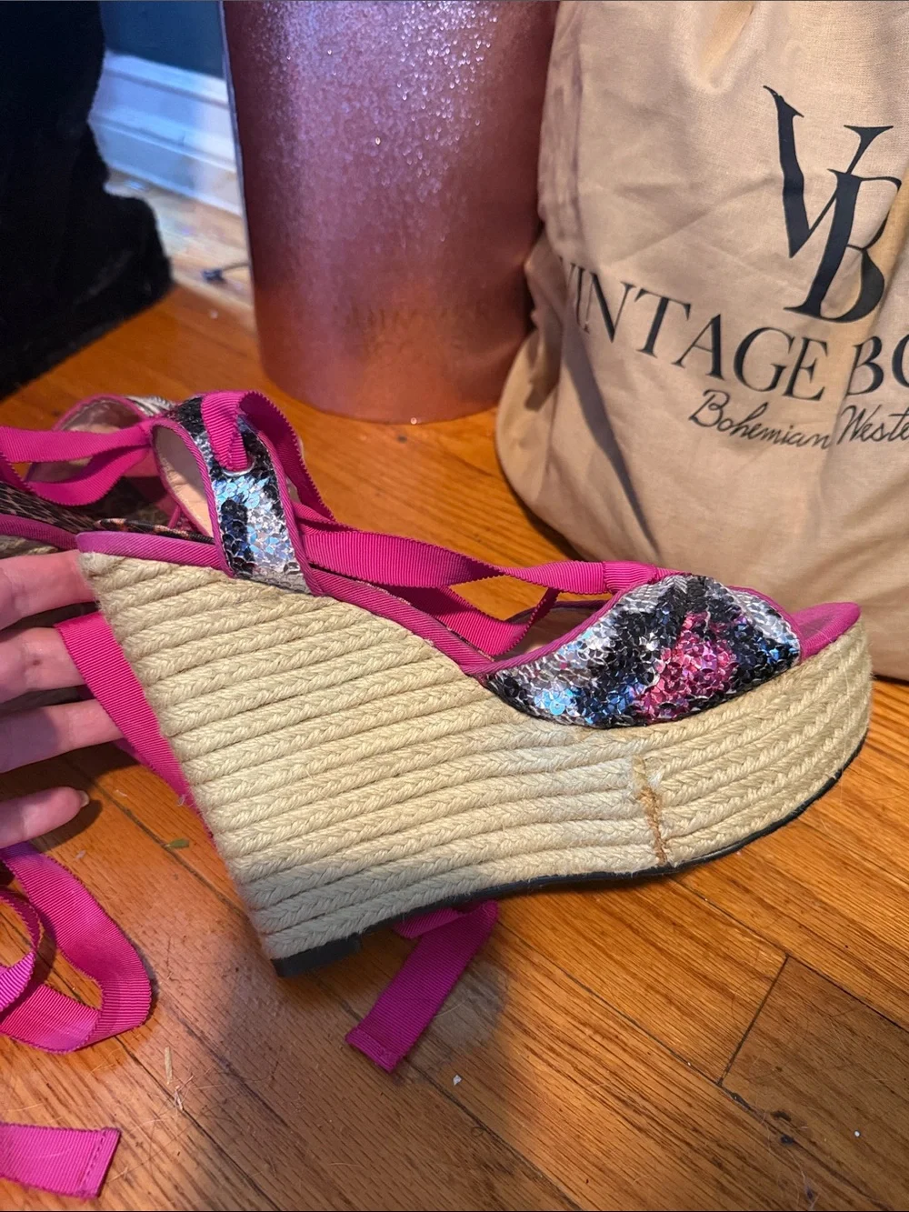 Betsey Johnson Hot Pink Sequin Espadrille Wedge Sandals Y2K VTG